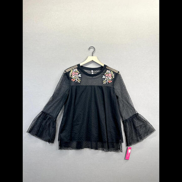 Xhilaration Womens Black Blouse Laced Polka Dot Long Sleeve NWT Size Large - Picture 1 of 11